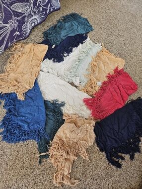 Vintage Lot Of 12 Laise Adzer Cotton/Linen Fringed Scarves Multi Colors